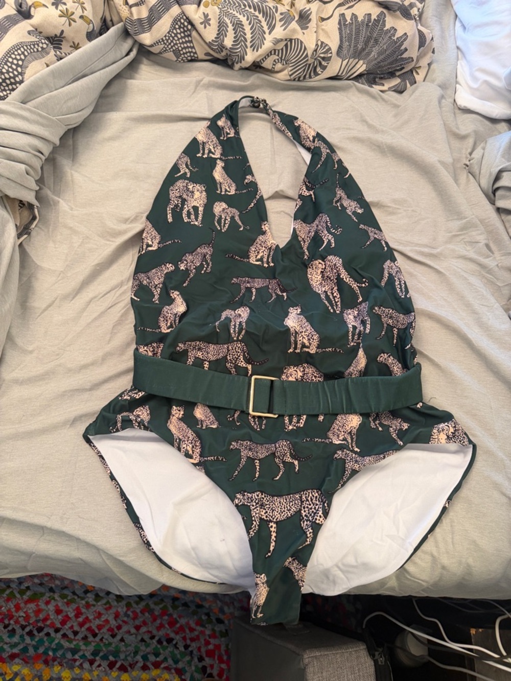 Green Leopard Print Halter One-Piece Swimsuit with Belt